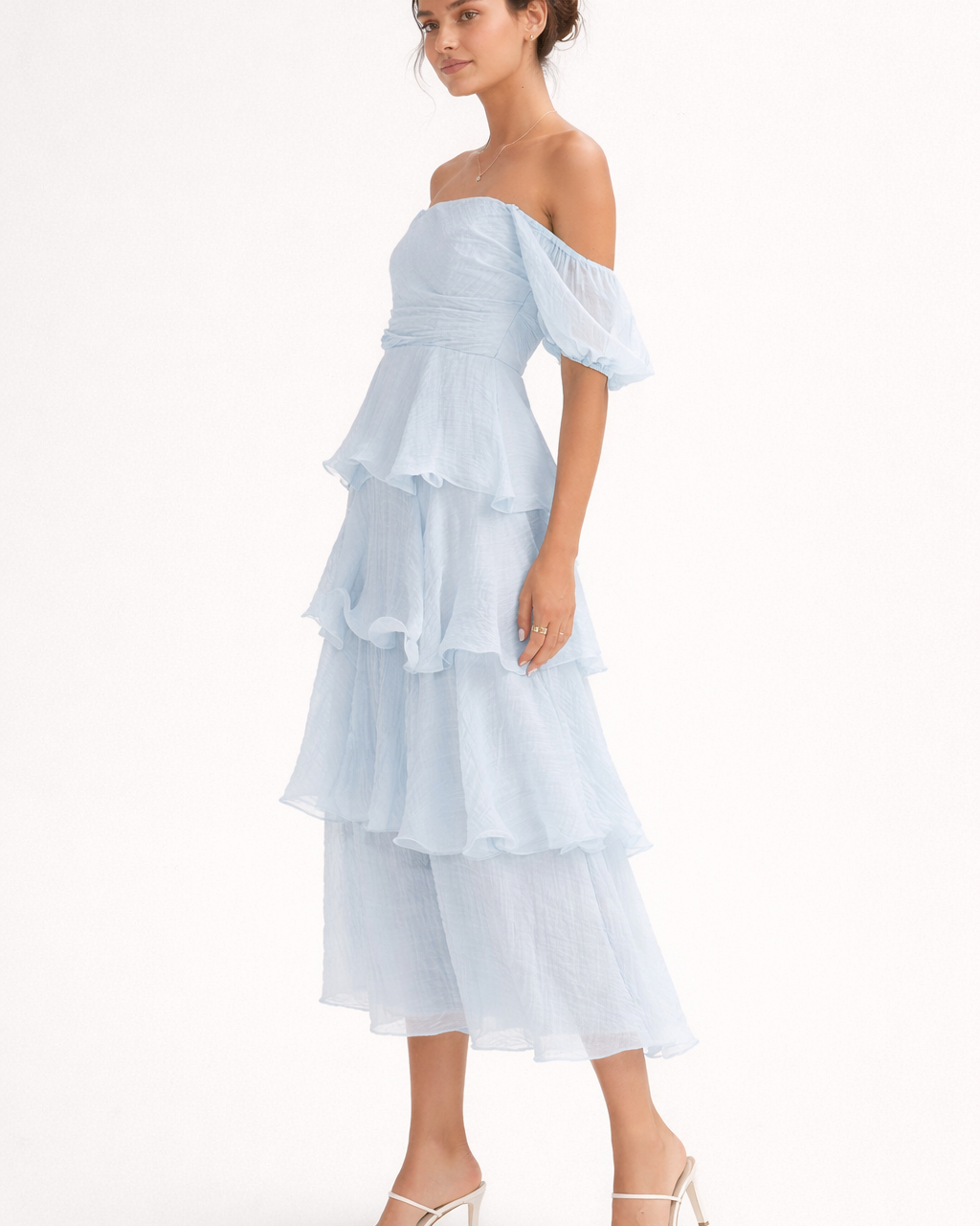 Abito Midi Donna Volant a Strati Spalle Scoperte Elegante