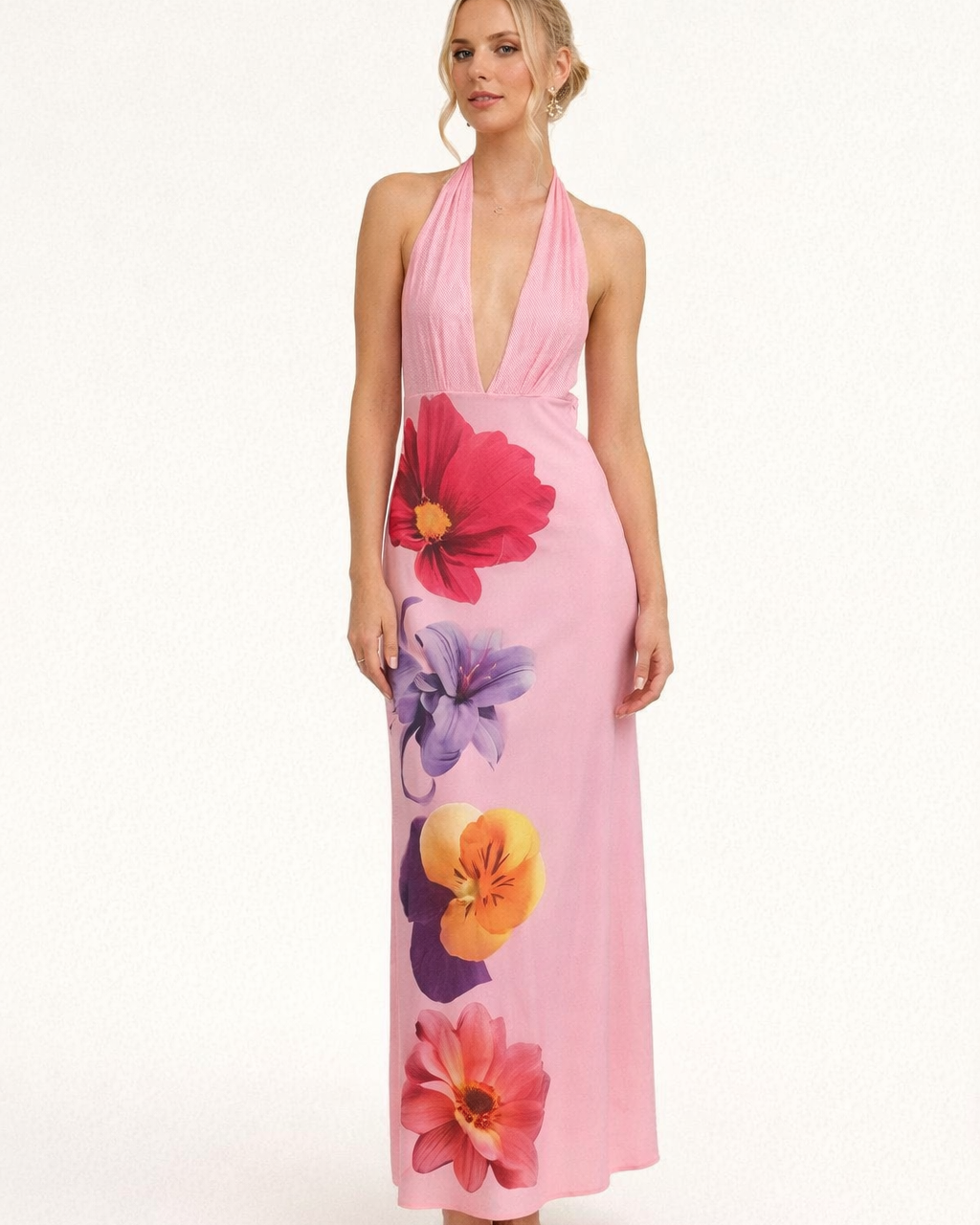 Abito Lungo Donna Scollo Halter Scollatura Profonda Elegante