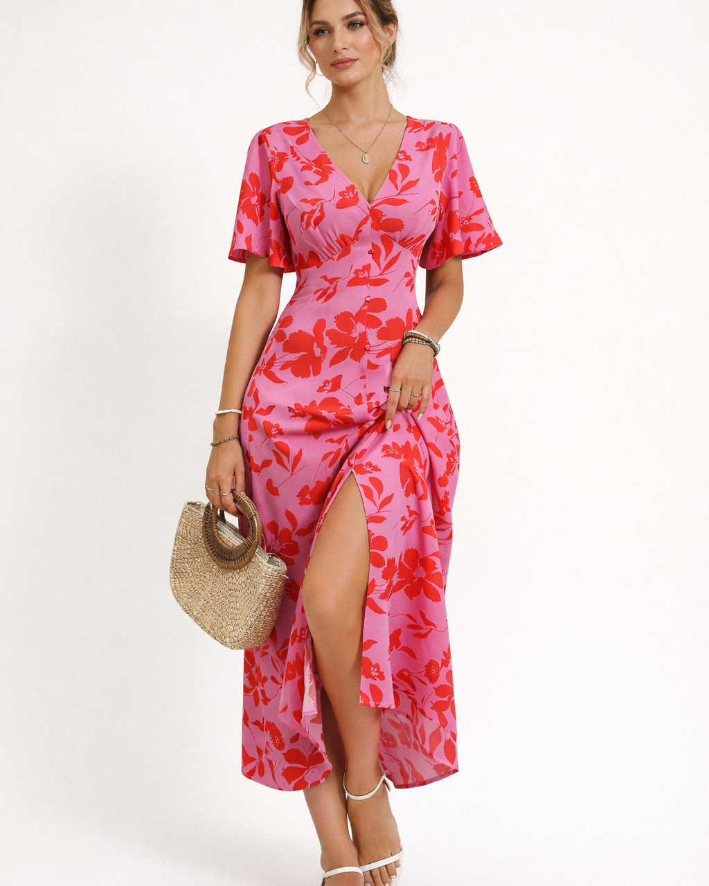 Abito Midi Donna Floreale Rosso Scollo a V Versatile