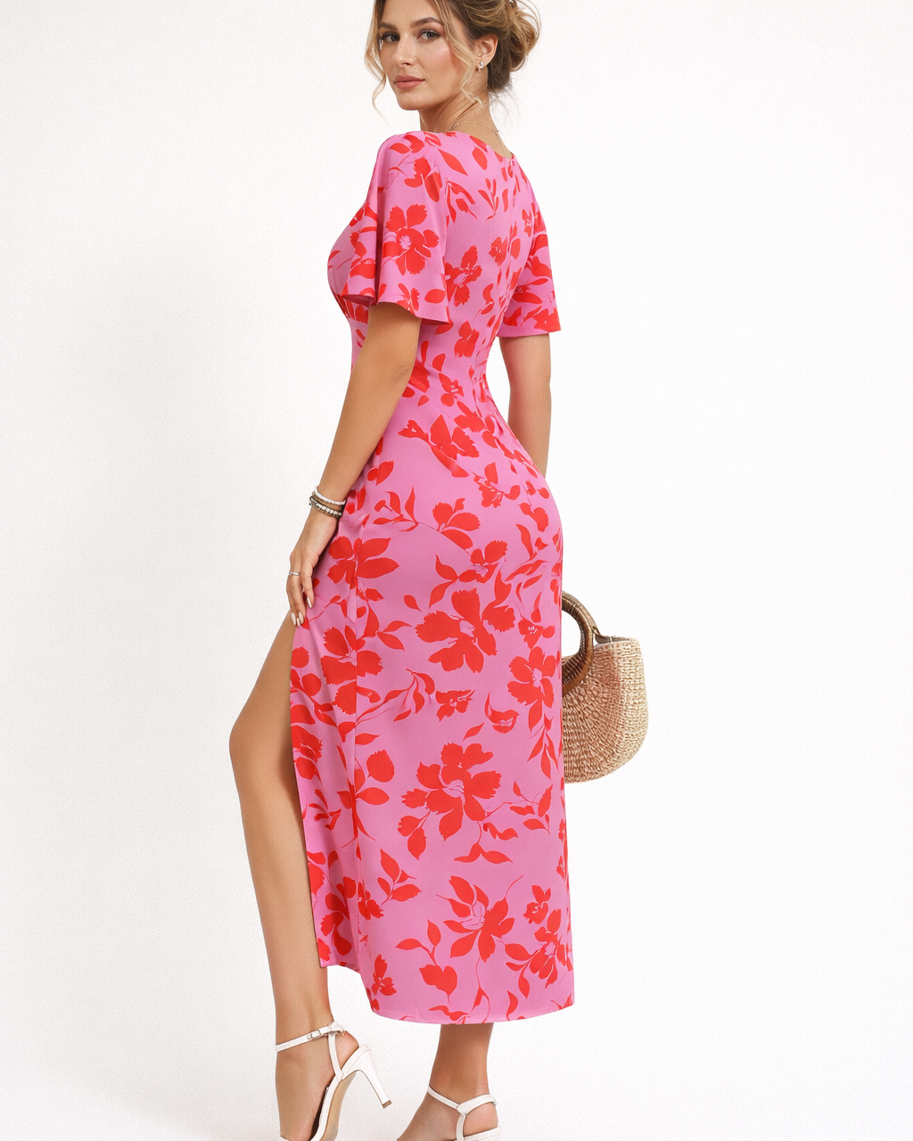 Abito Midi Donna Floreale Rosso Scollo a V Versatile
