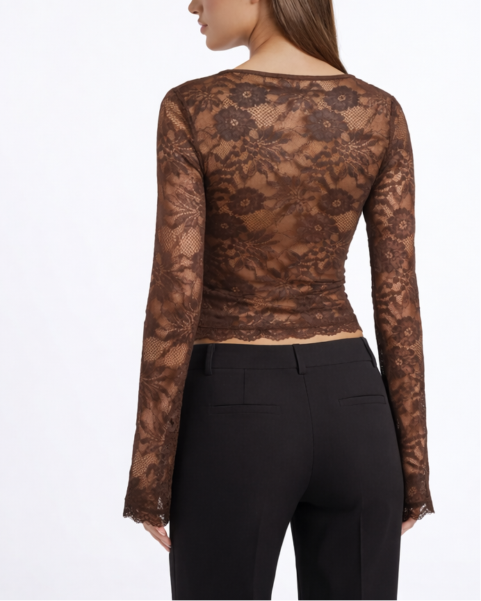 Top Donna Maniche Lunghe in Pizzo Schiena Trasparente Aderente