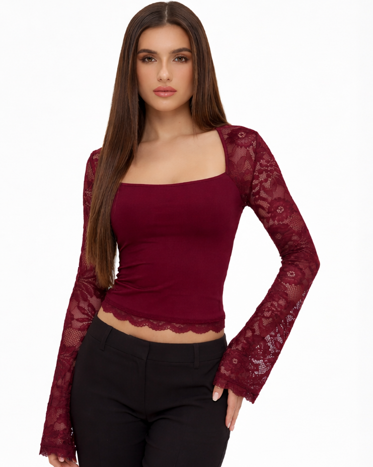 Top Donna Maniche Lunghe in Pizzo Schiena Trasparente Aderente