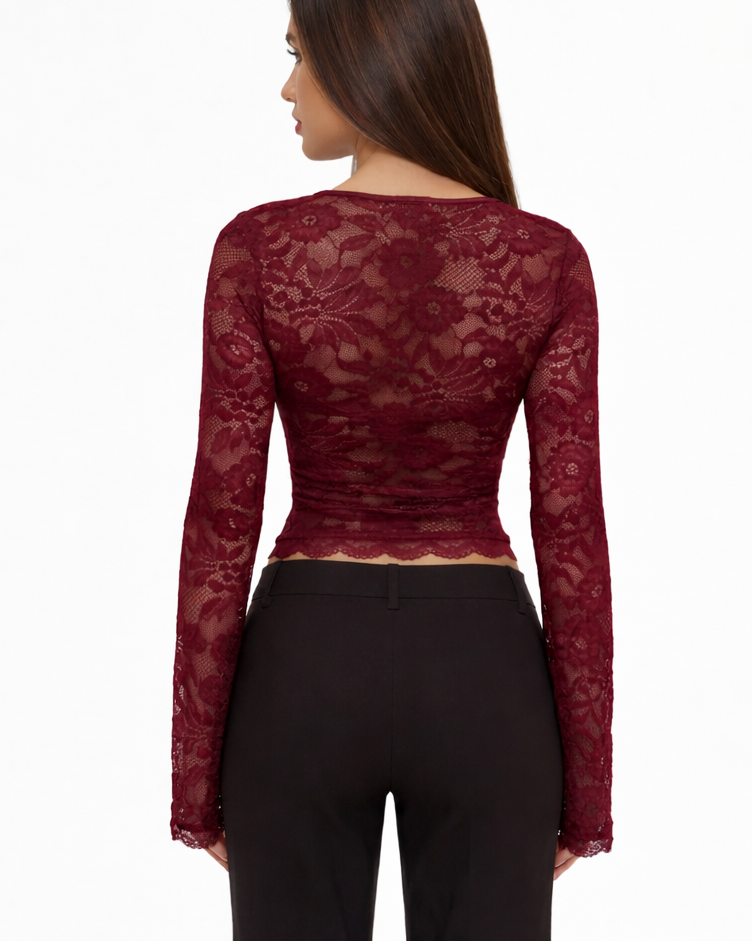 Top Donna Maniche Lunghe in Pizzo Schiena Trasparente Aderente