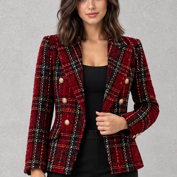 Blazer Donna Doppiopetto Effetto Tweed a Quadri Taglio Sartoriale