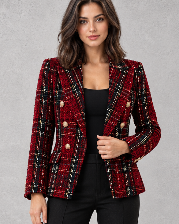 Blazer Donna Doppiopetto Effetto Tweed a Quadri Taglio Sartoriale