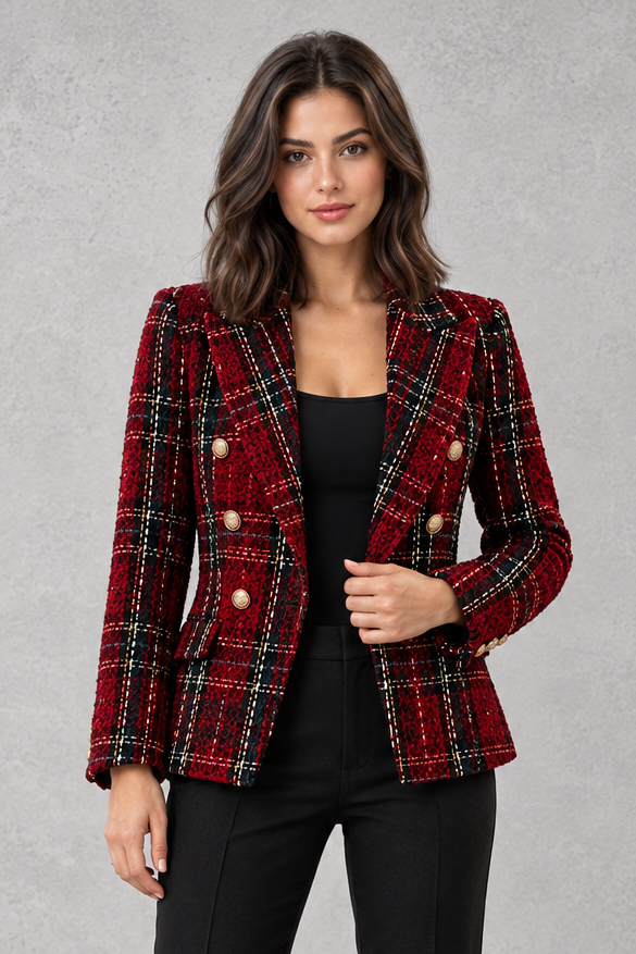 Blazer Donna Doppiopetto Effetto Tweed a Quadri Taglio Sartoriale
