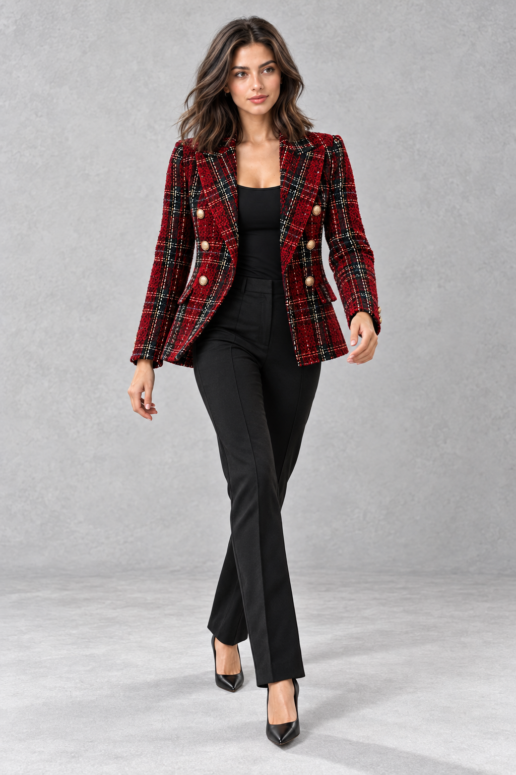 Blazer Donna Doppiopetto Effetto Tweed a Quadri Taglio Sartoriale