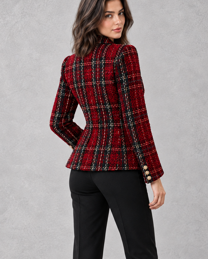 Blazer Donna Doppiopetto Effetto Tweed a Quadri Taglio Sartoriale
