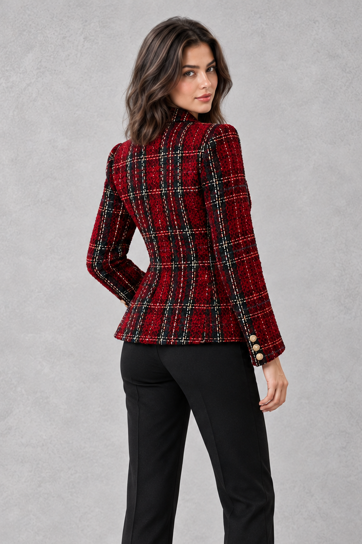 Blazer Donna Doppiopetto Effetto Tweed a Quadri Taglio Sartoriale