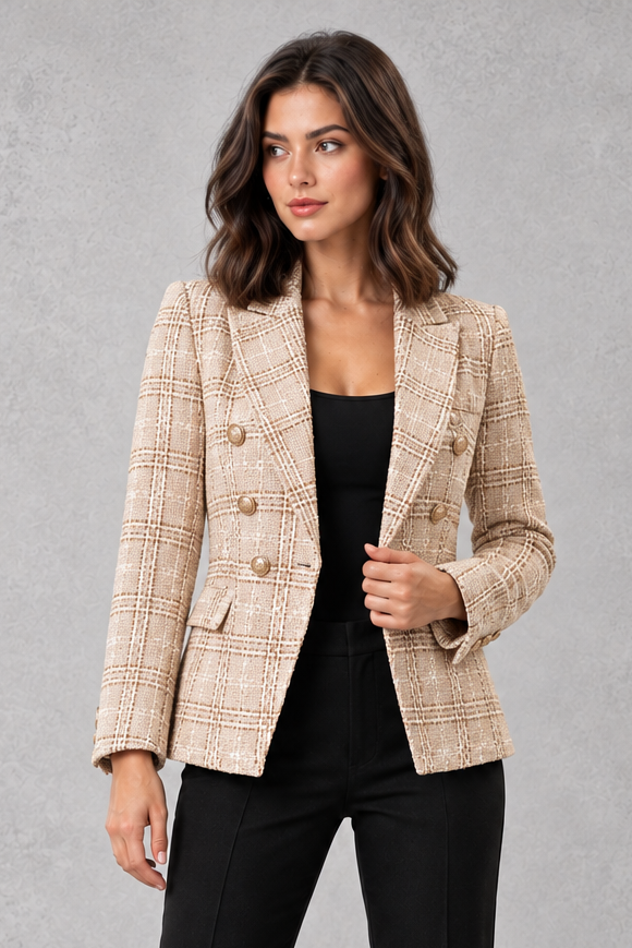 Blazer Donna Doppiopetto Effetto Tweed a Quadri Taglio Sartoriale