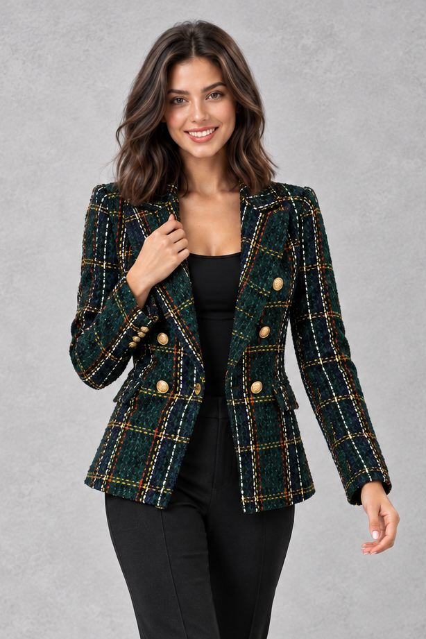 Blazer Donna Doppiopetto Effetto Tweed a Quadri Taglio Sartoriale