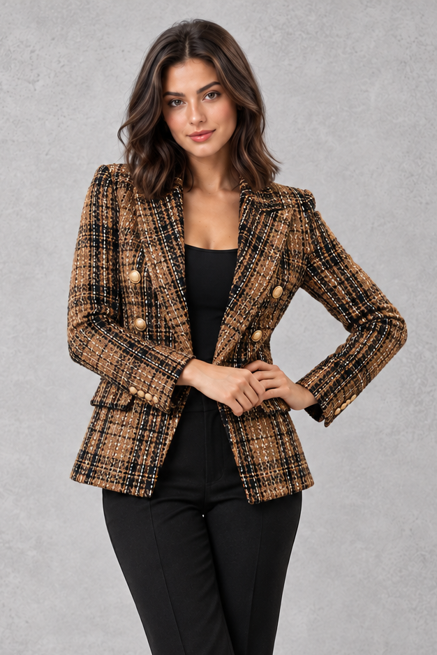 Blazer Donna Doppiopetto Effetto Tweed a Quadri Taglio Sartoriale