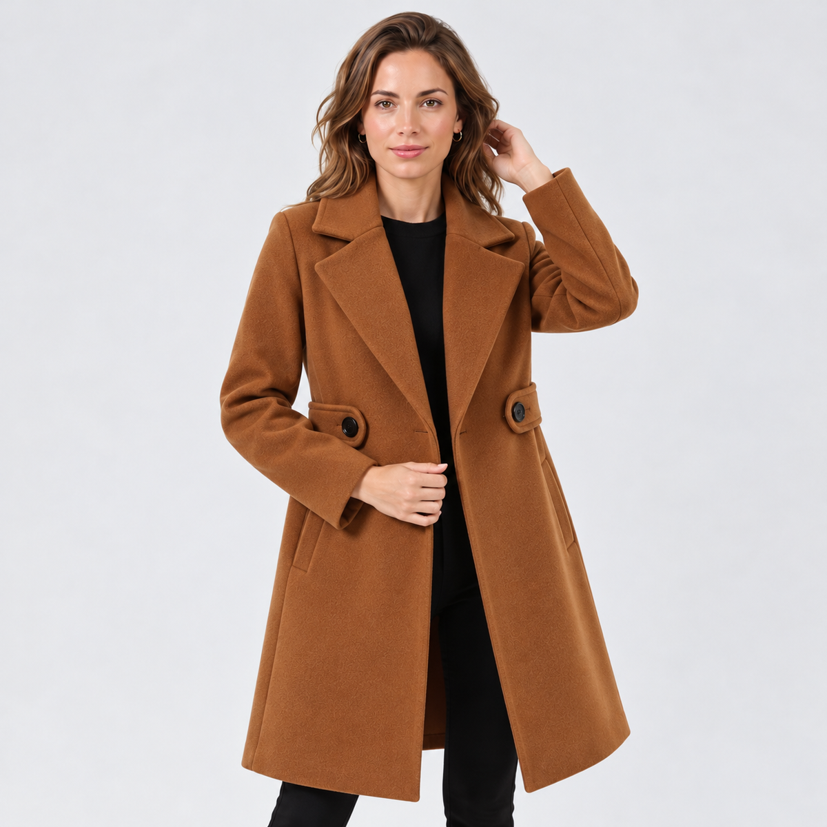 Cappotto Donna Lungo in Lana Aderente con Cintura Revers Raffinato