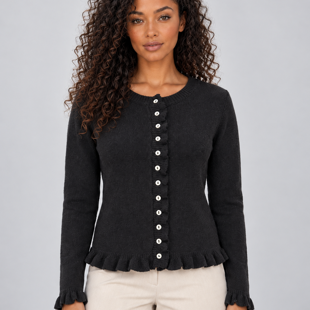 Cardigan Donna con Bottoni Girocollo e Orlo con Volant