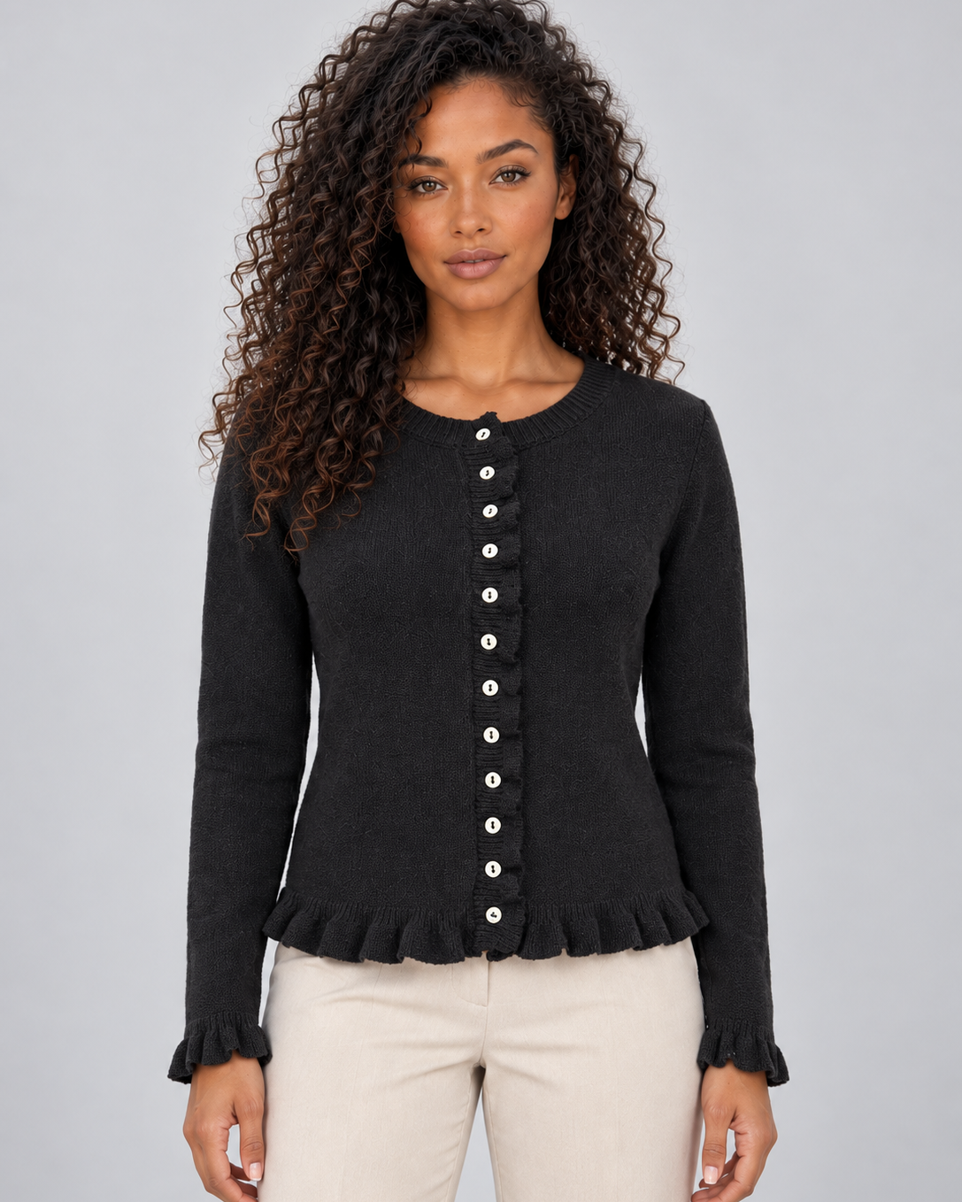 Cardigan Donna con Bottoni Girocollo e Orlo con Volant