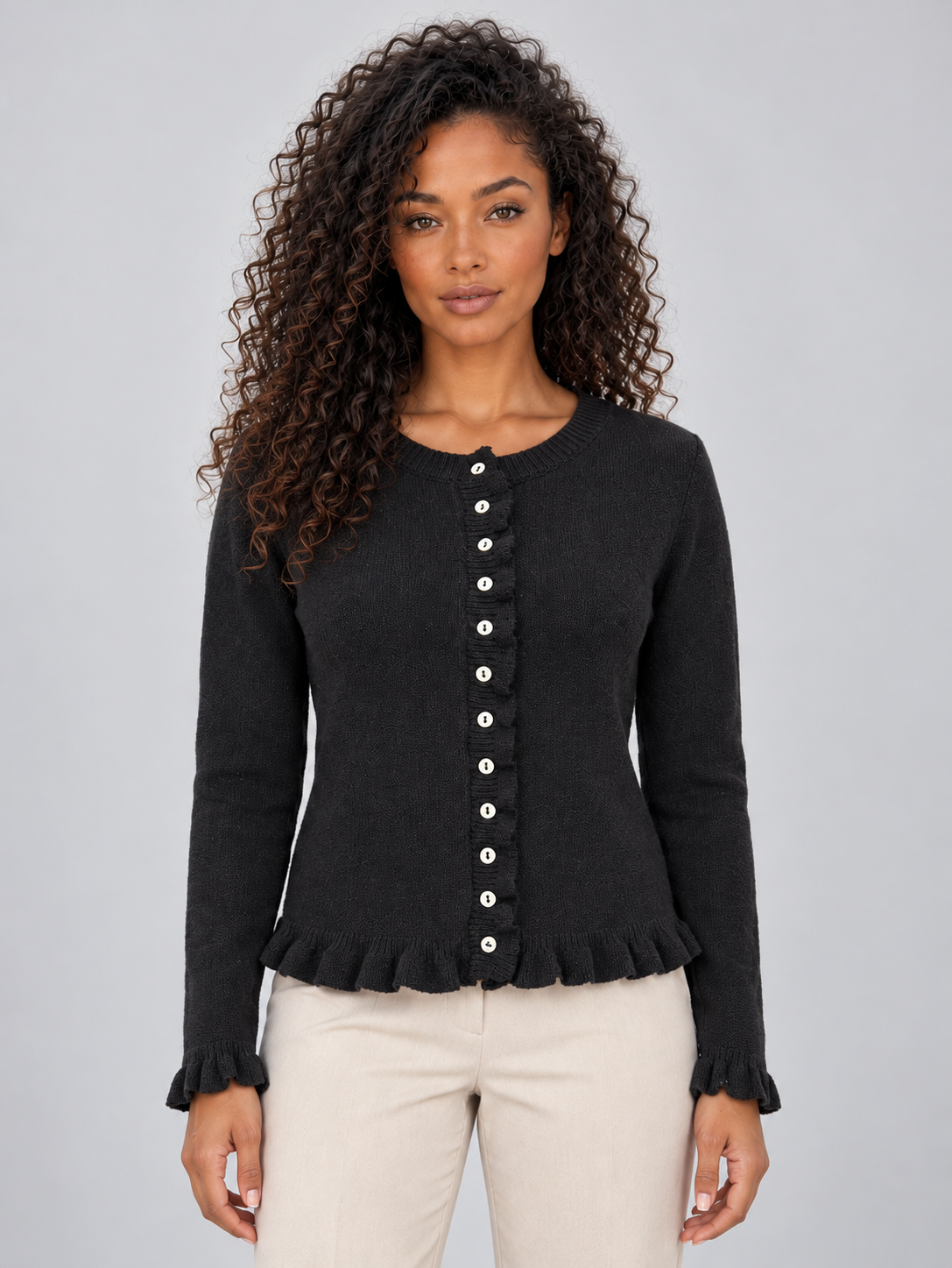 Cardigan Donna con Bottoni Girocollo e Orlo con Volant