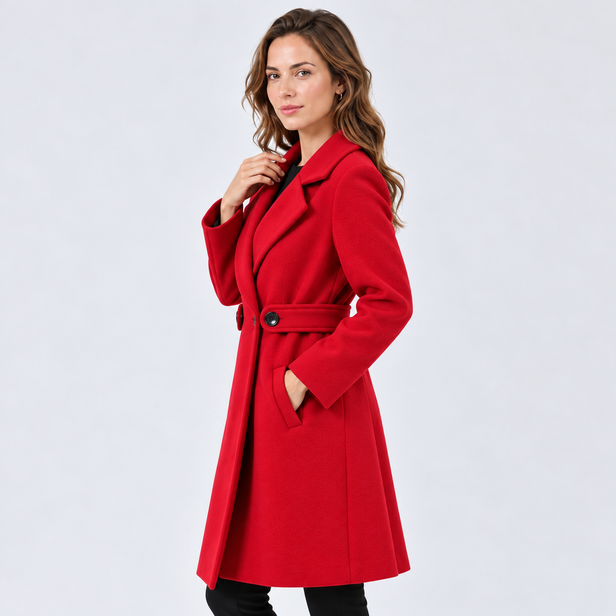 Cappotto Donna Lungo in Lana Aderente con Cintura Revers Raffinato