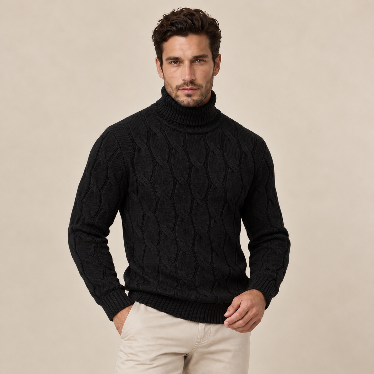 Maglione Uomo a Trecce Collo Alto in Maglia Classico Caldo