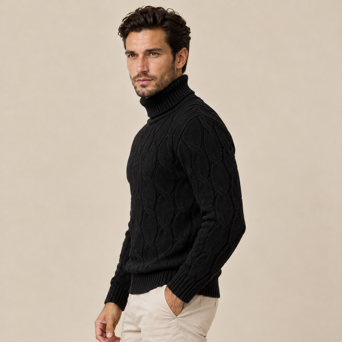 Maglione Uomo a Trecce Collo Alto in Maglia Classico Caldo