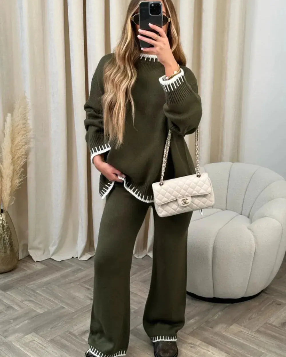 Completo Donna in Maglia Maglione e Pantaloni Ampi Bordi a Contrasto