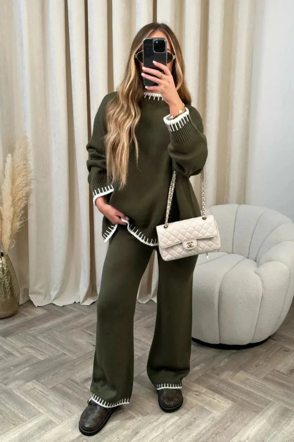 Completo Donna in Maglia Maglione e Pantaloni Ampi Bordi a Contrasto