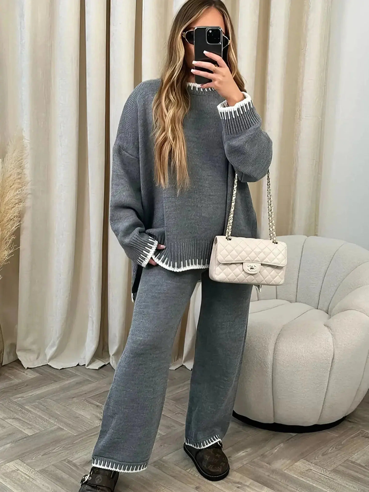 Completo Donna in Maglia Maglione e Pantaloni Ampi Bordi a Contrasto