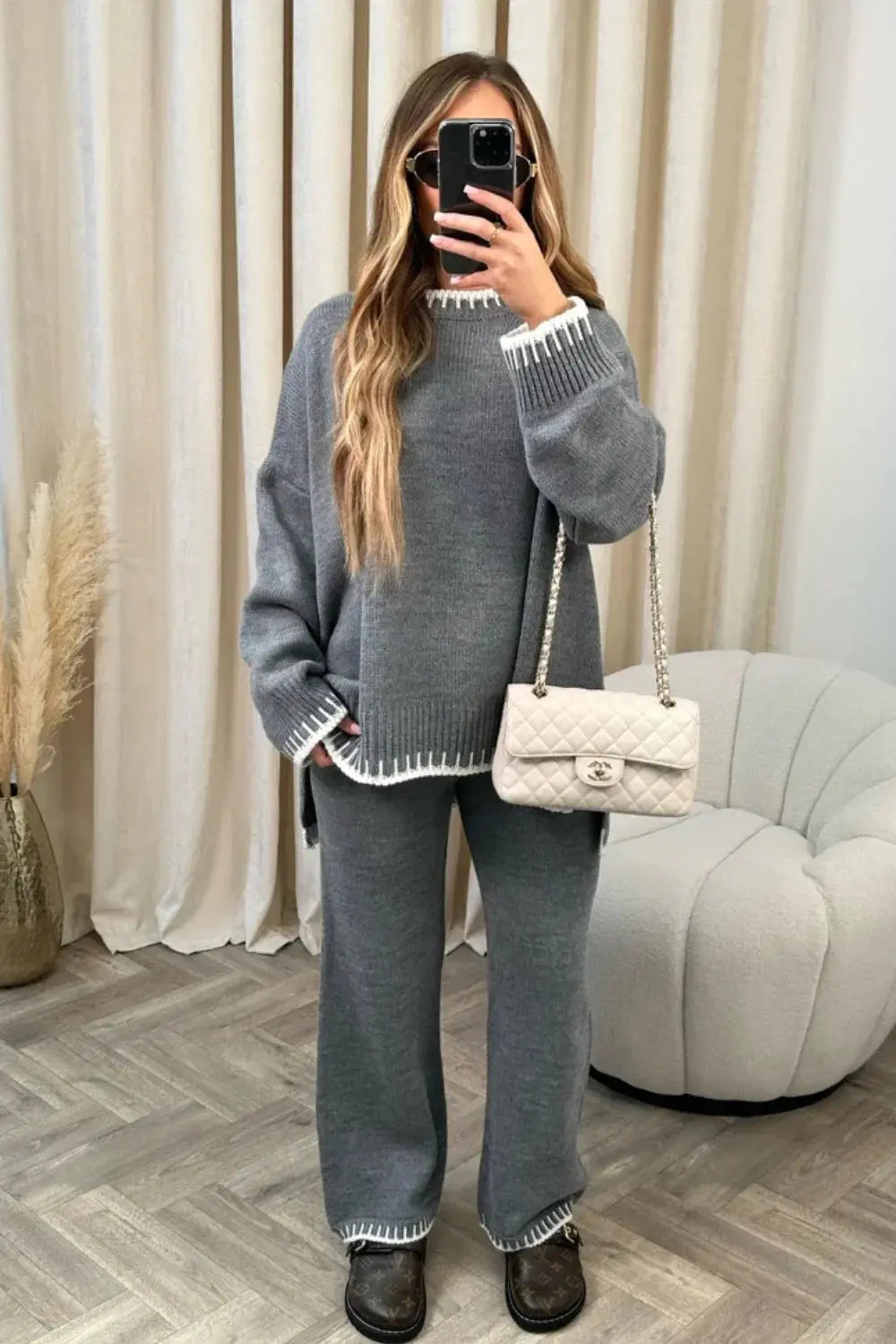 Completo Donna in Maglia Maglione e Pantaloni Ampi Bordi a Contrasto