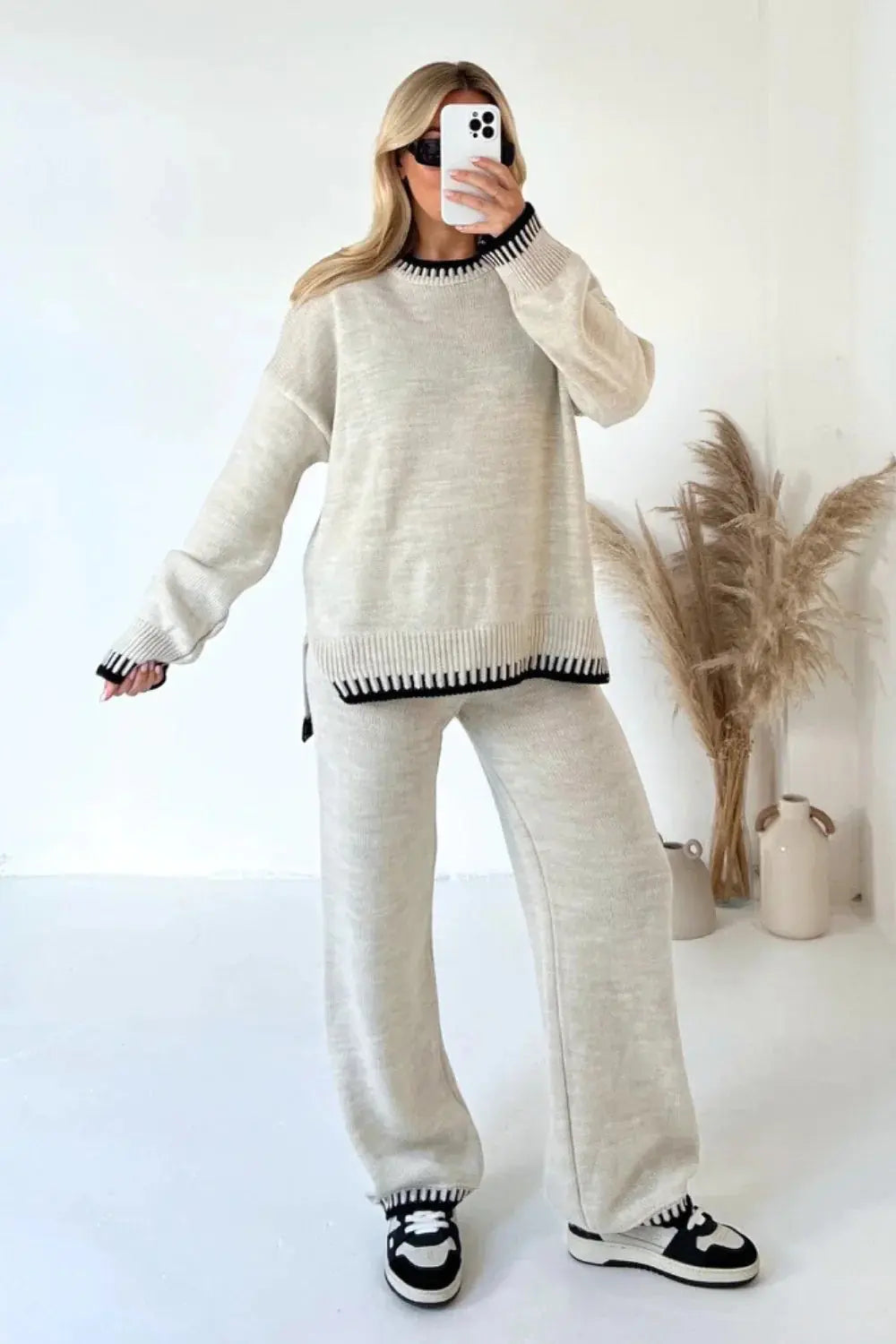 Completo Donna in Maglia Maglione e Pantaloni Ampi Bordi a Contrasto