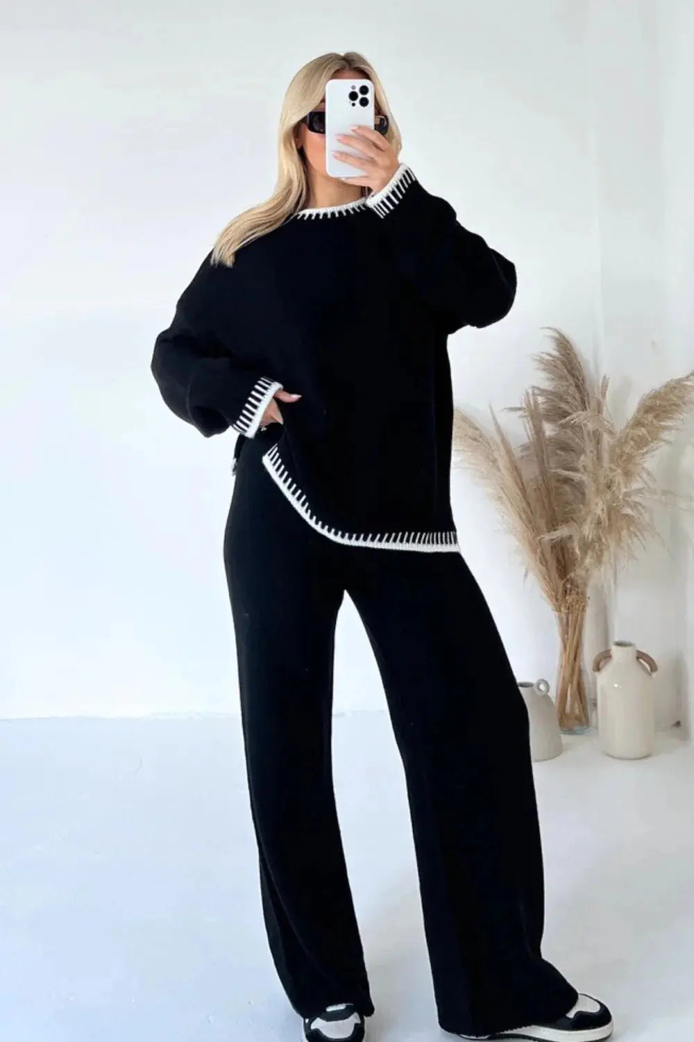 Completo Donna in Maglia Maglione e Pantaloni Ampi Bordi a Contrasto