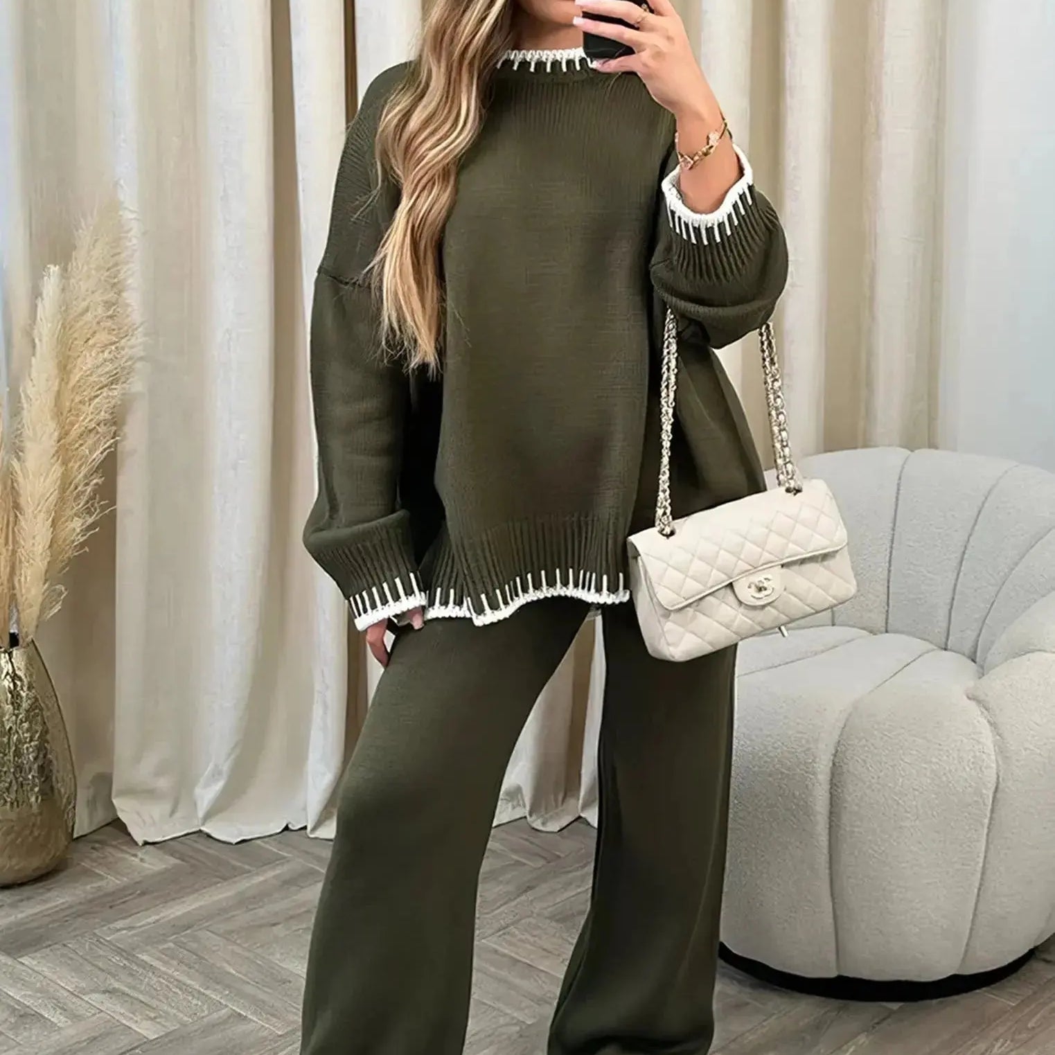 Completo Donna in Maglia Maglione e Pantaloni Ampi Bordi a Contrasto