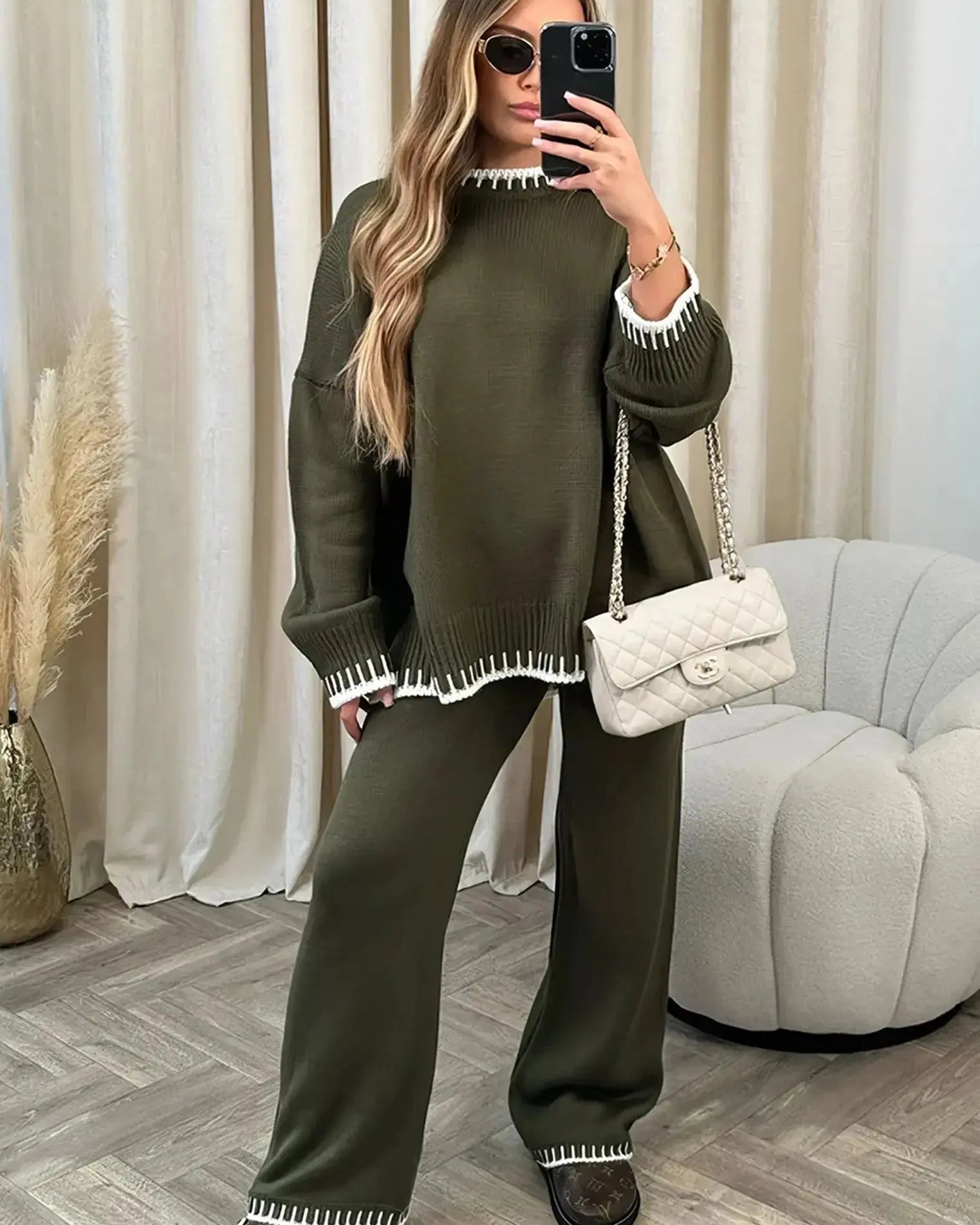 Completo Donna in Maglia Maglione e Pantaloni Ampi Bordi a Contrasto