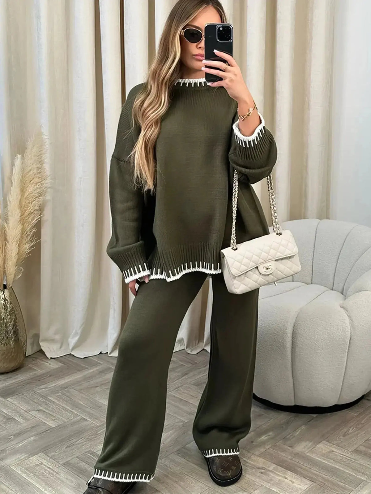 Completo Donna in Maglia Maglione e Pantaloni Ampi Bordi a Contrasto