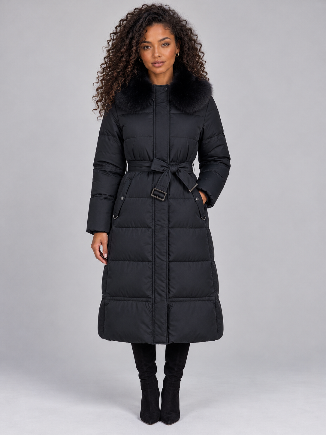 Cappotto Donna Imbottito Lungo Cappuccio Pelliccia Sintetica Cintura