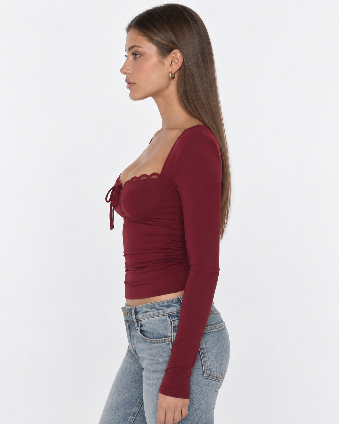Top Donna Aderente Bordo in Pizzo Scollo con Fiocchetto