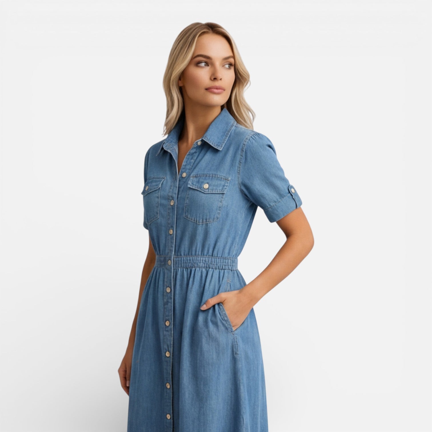 Abito Chemisier Donna Midi in Denim con Bottoni Casual