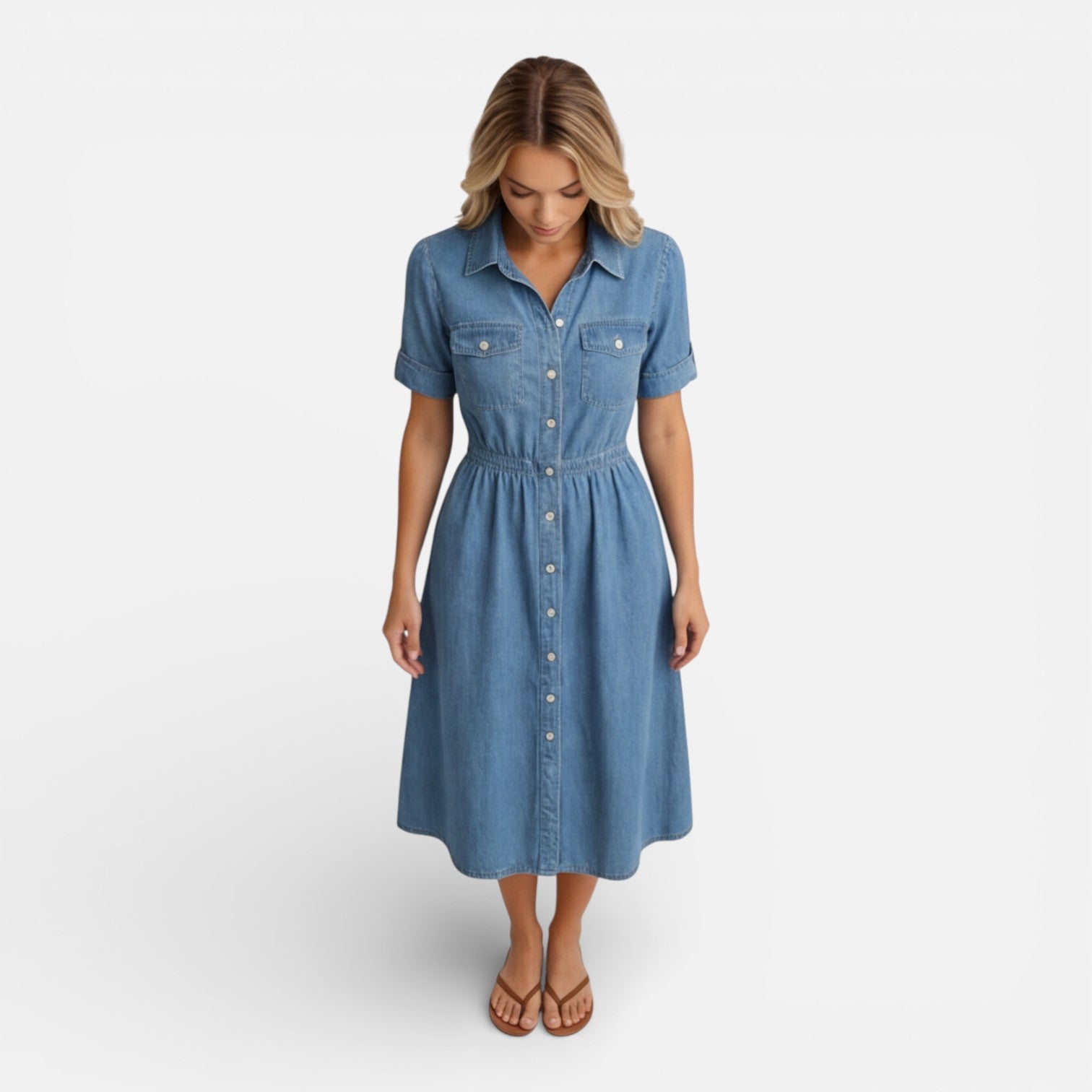 Abito Chemisier Donna Midi in Denim con Bottoni Casual