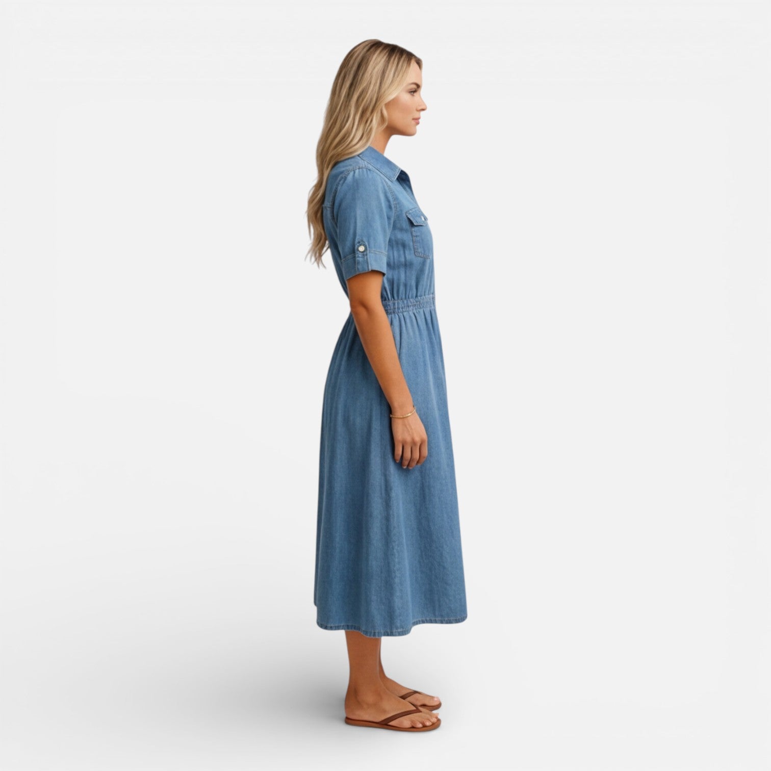 Abito Chemisier Donna Midi in Denim con Bottoni Casual
