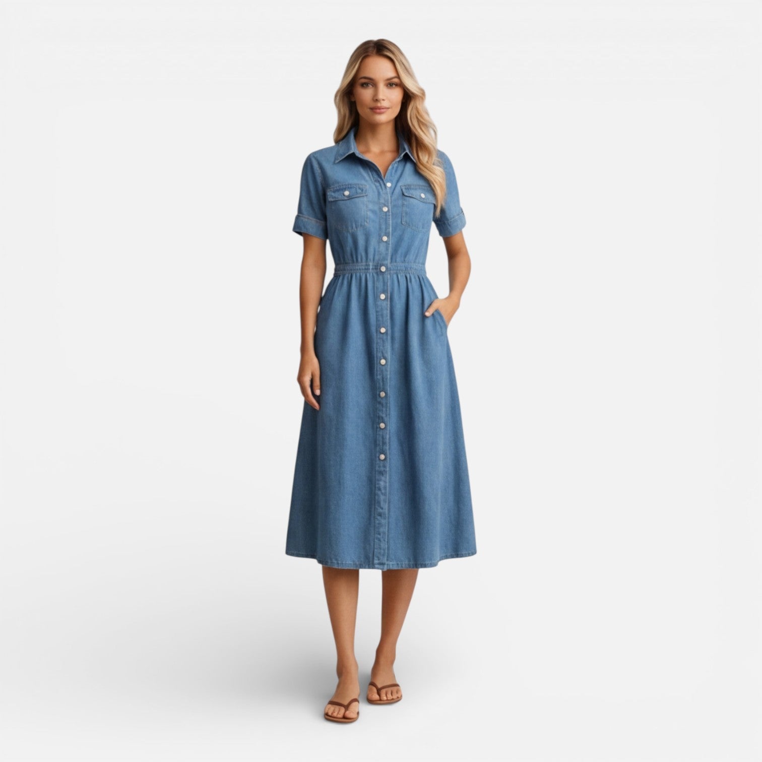 Abito Chemisier Donna Midi in Denim con Bottoni Casual