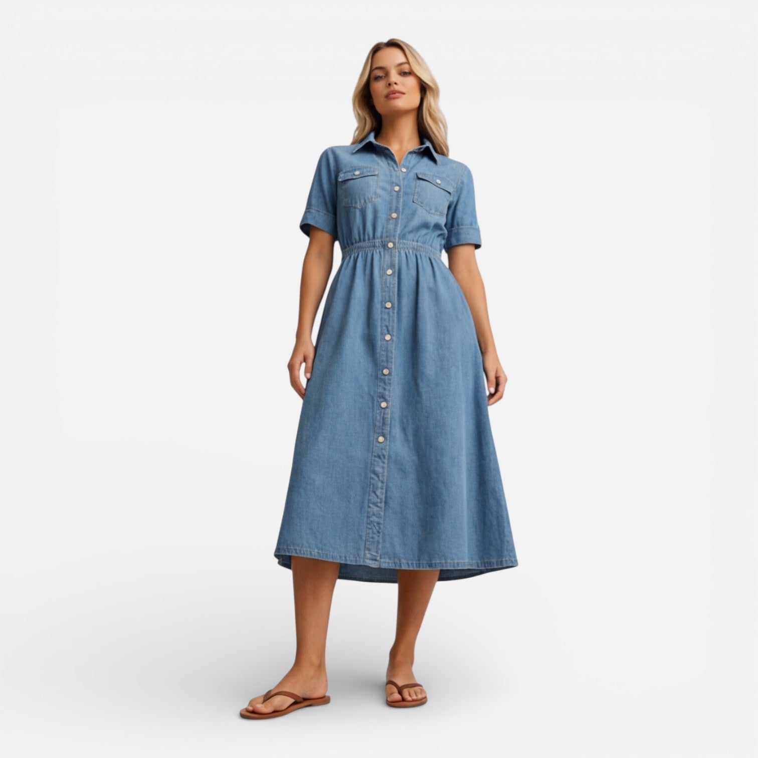 Abito Chemisier Donna Midi in Denim con Bottoni Casual