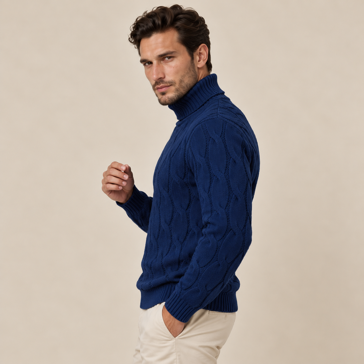 Maglione Uomo a Trecce Collo Alto in Maglia Classico Caldo