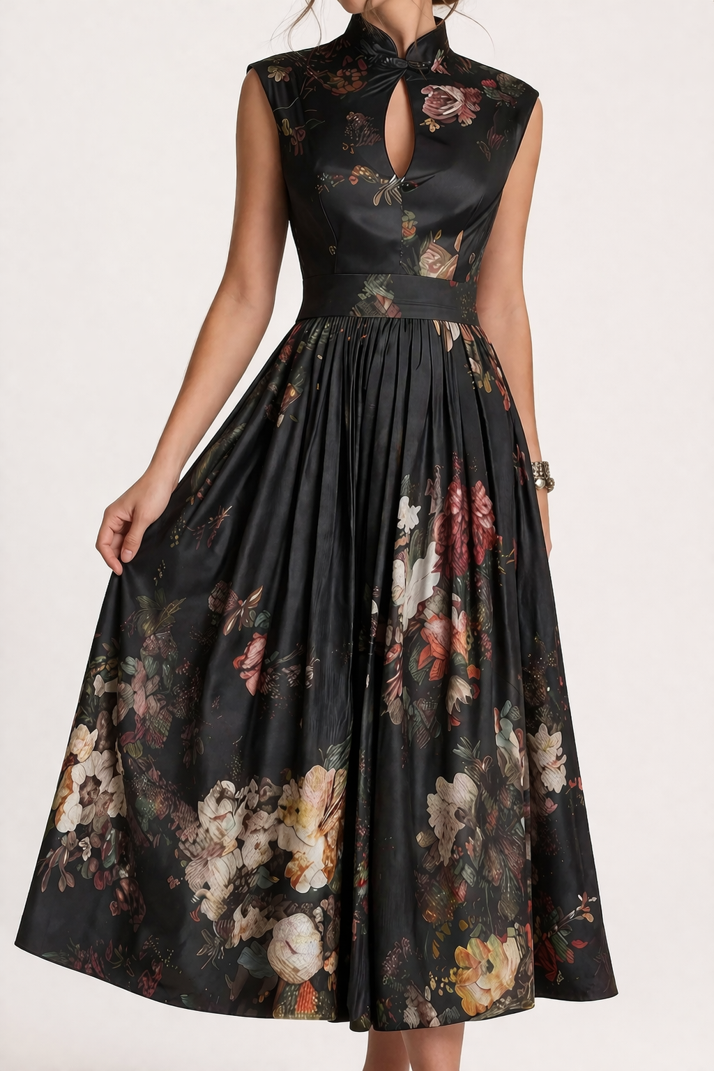 Abito Midi Donna Floreale Collo Alto Gonna Ampia Elegante