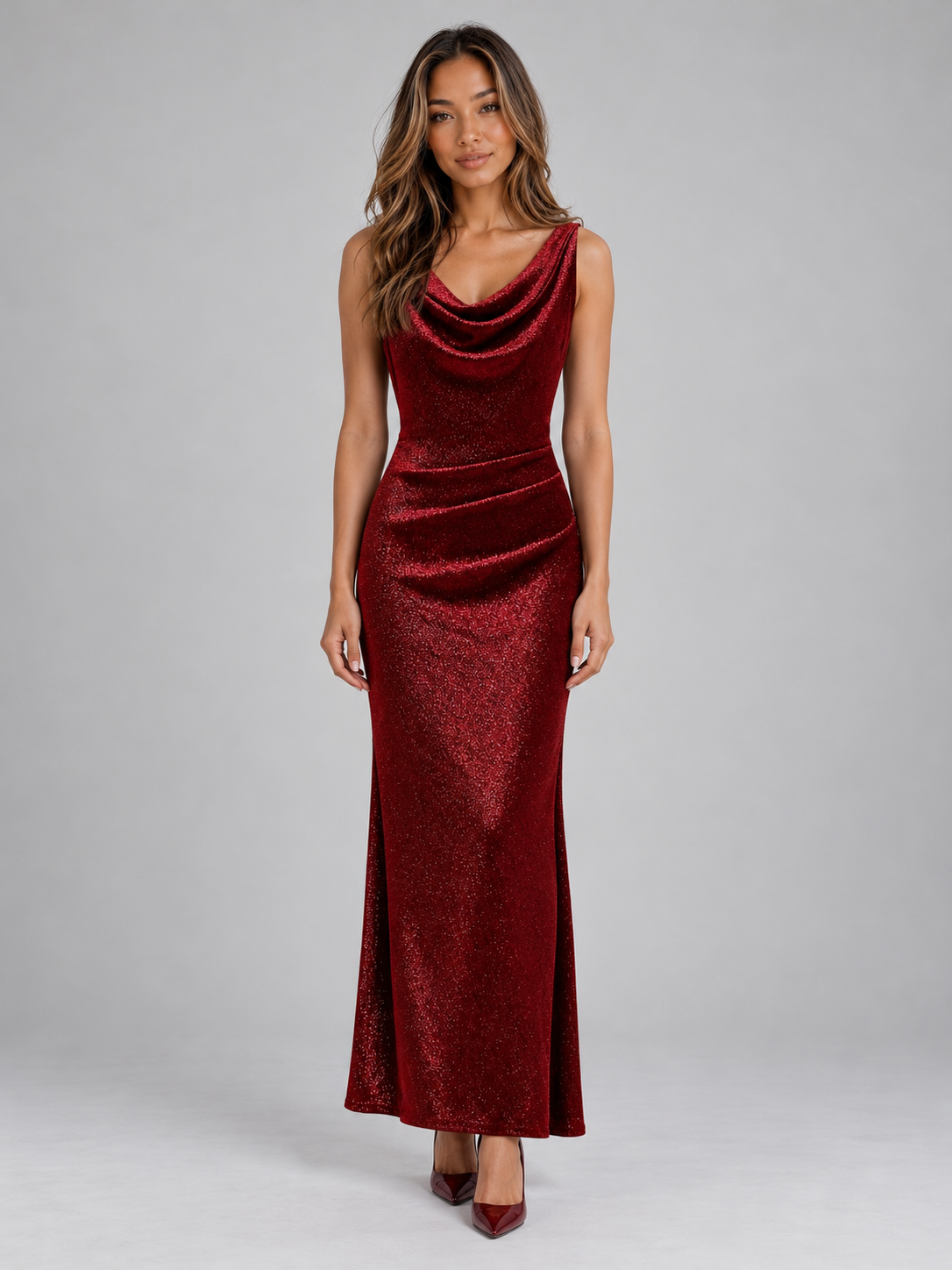 Abito Lungo Donna Glitter Scollo a Cappuccio Vita Arricciata da Sera