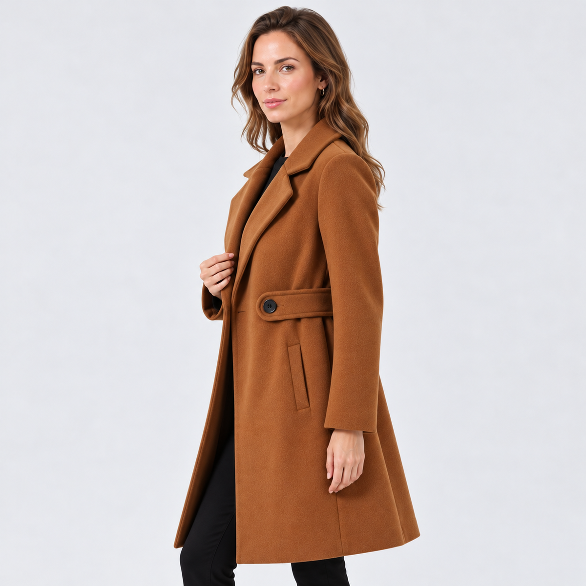 Cappotto Donna Lungo in Lana Aderente con Cintura Revers Raffinato