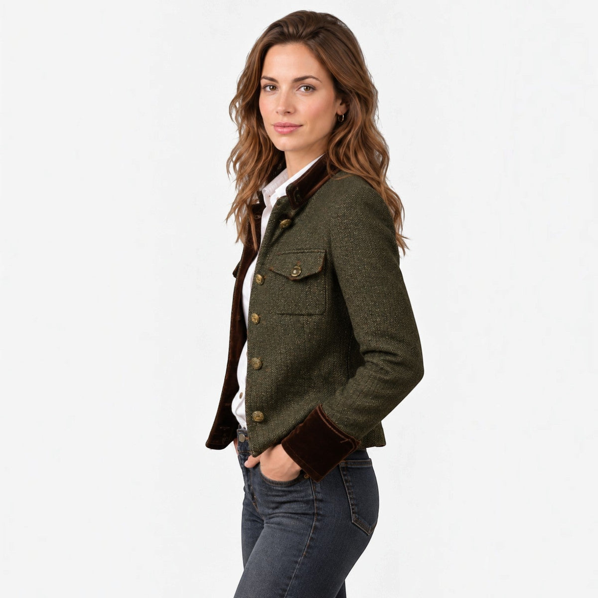 Giacca Donna Trapuntata in Tweed Spigato Bottoni Oro Polsini Velluto