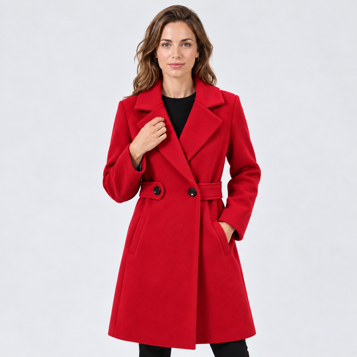 Cappotto Donna Lungo in Lana Aderente con Cintura Revers Raffinato