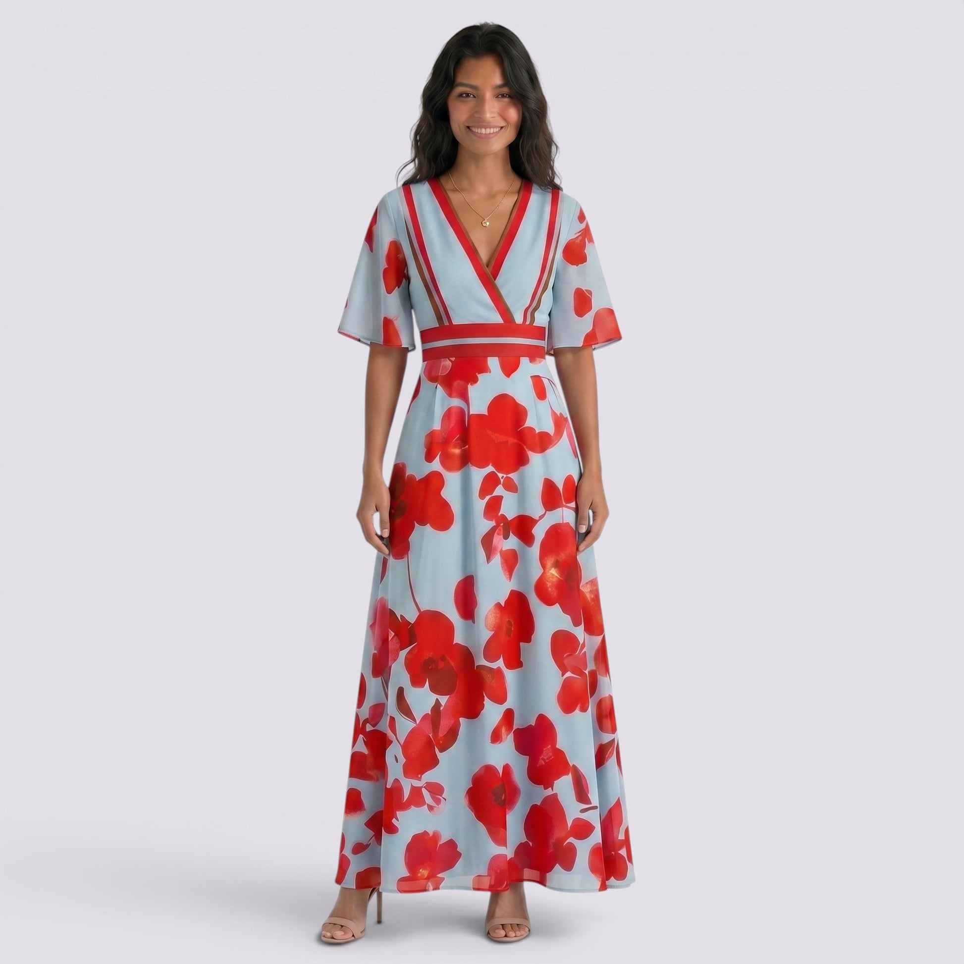 Abito Lungo Donna Maxi Stampato Boho Estivo Scollo a V
