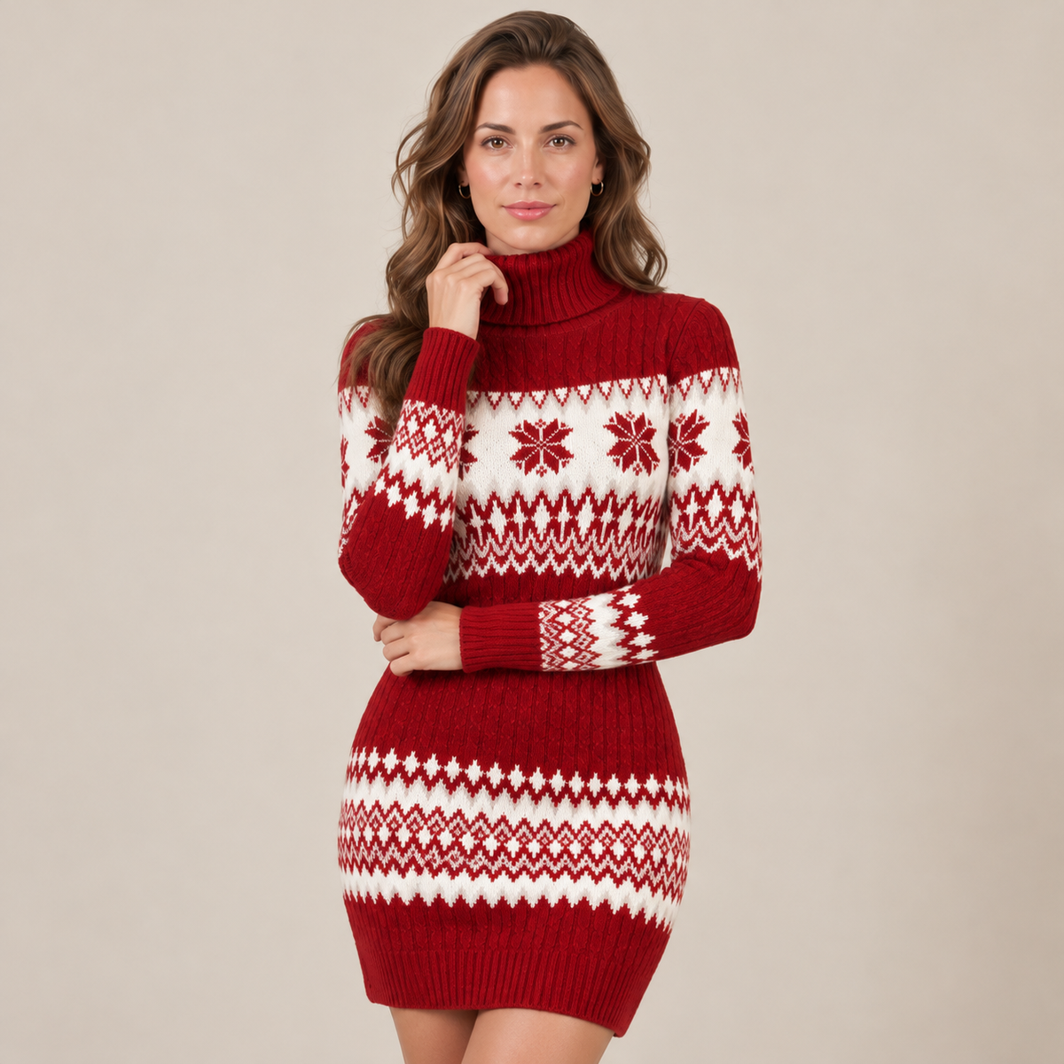 Abito Donna Natalizio in Maglia Fair Isle Caldo Rosso