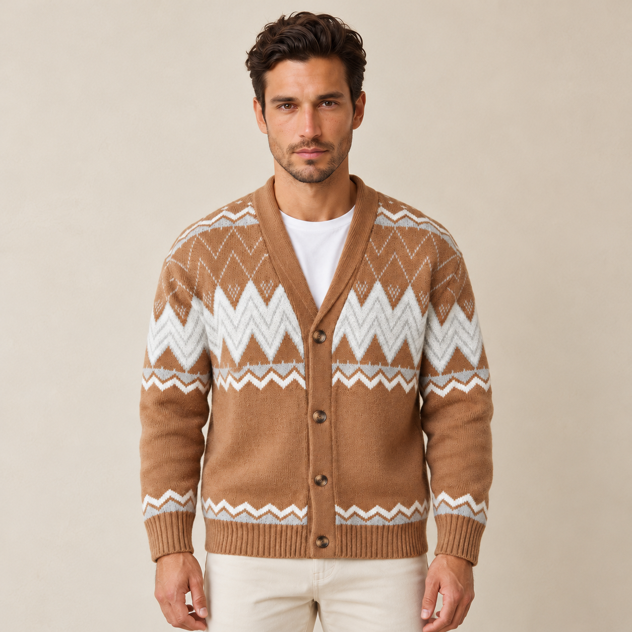 Cardigan Uomo Fantasia con Collo a Scialle in Maglia Elegante