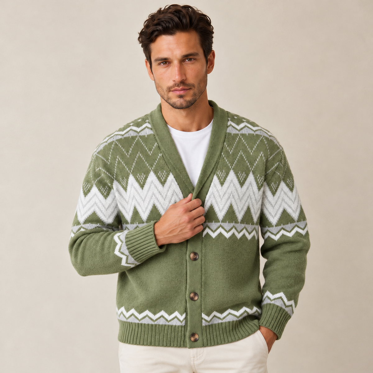 Cardigan Uomo Fantasia con Collo a Scialle in Maglia Elegante