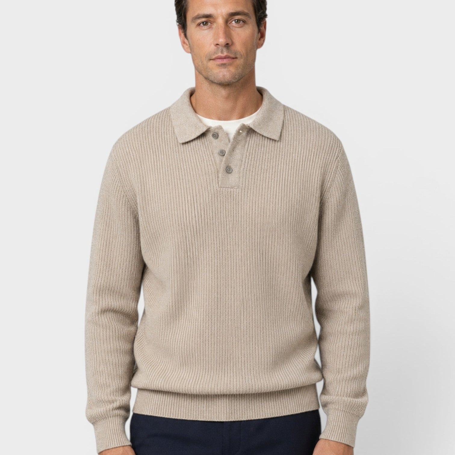 Maglione Polo Uomo in Maglia a Coste Maniche Lunghe